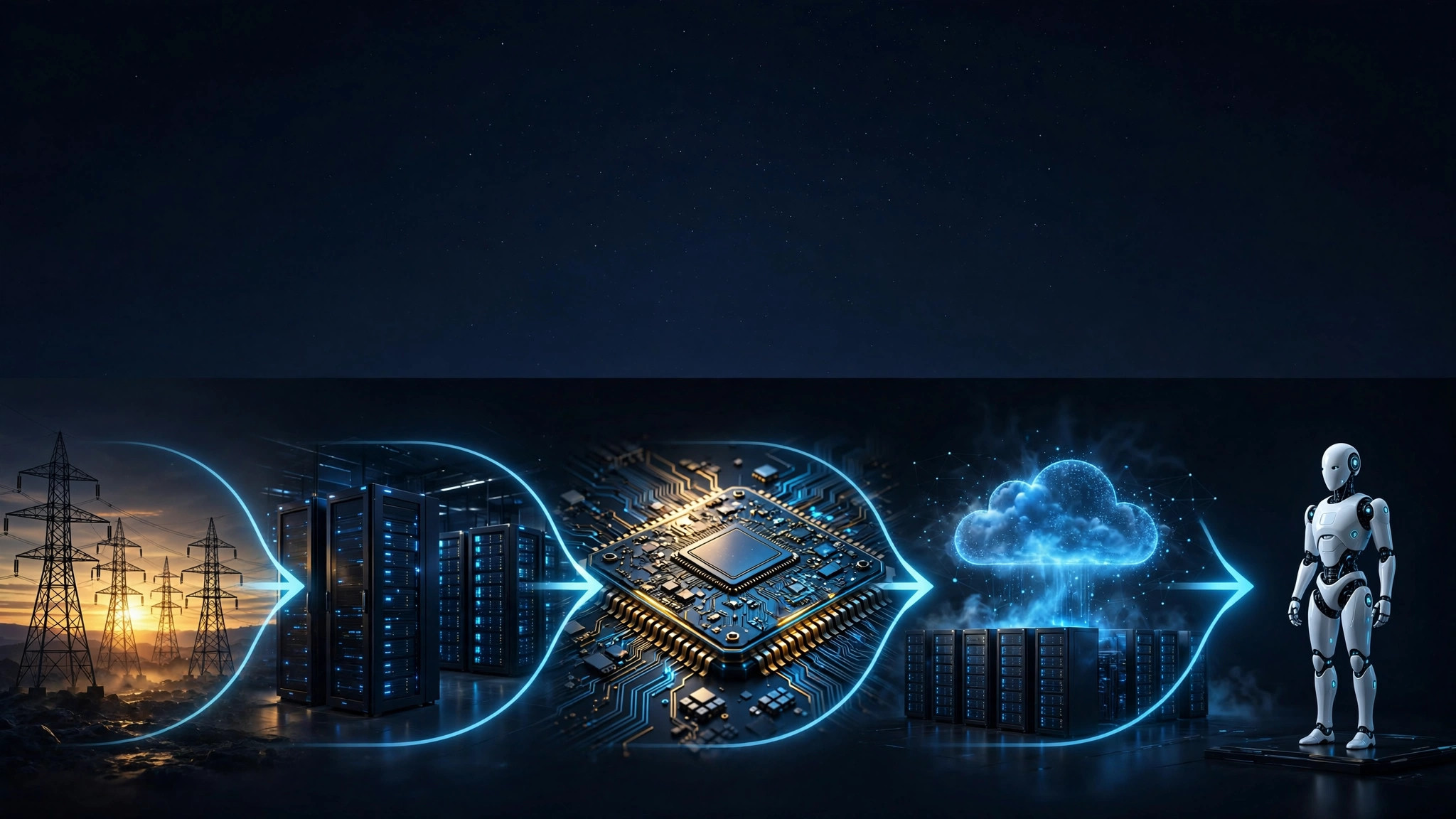 AI supply chain flow: power, data centers, chips, cloud, robots